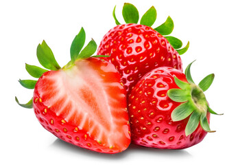 Two delicious strawberries and one juicy cut one, isolated on a white background.
