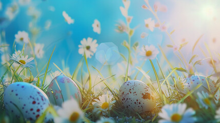 portrait of Easter eggs in grass against blurred blue blooming flower background. Spring holidays concept.