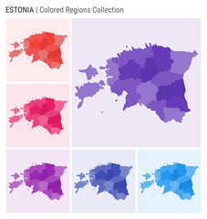 Estonia map collection. Country shape with colored regions. Deep Purple, Red, Pink, Purple, Indigo, Blue color palettes. Border of Estonia with provinces for your infographic. Vector illustration.