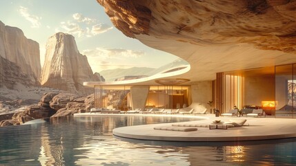 A modern, luxurious home carved into a desert cliffside, featuring a sleek pool with panoramic views at sunset. - obrazy, fototapety, plakaty