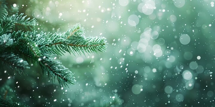 Fir tree branches with snow and bokeh effect,  Christmas background, Generative AI illustrations.