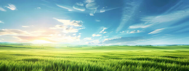Vast green field bathed in sunlight stretches under a clear blue sky landscape perfect for wallpaper background banner or backdrop.