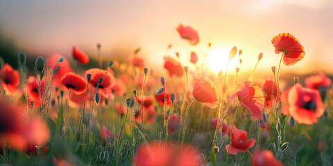 Obraz premium Beautiful meadow with red poppy flowers in the sunset light