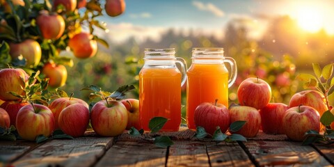 Ripe apples and a pitcher with a glass of juice are set on a wooden table with apple trees in the background on a sunny day.