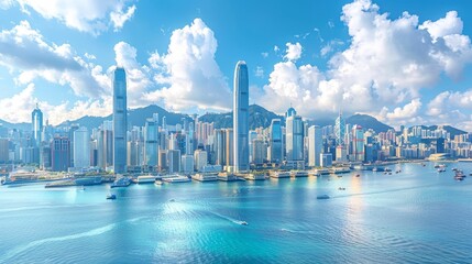 Panoramic view of a bustling harbor with skyscrapers under a blue sky, showcasing the dynamic urban landscape of a modern city.