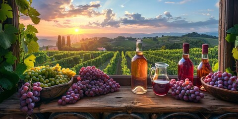 Ripe grapes and wine bottles on a wooden table, with a scenic vineyard backdrop bathed in the warm glow of the sunset. - Powered by Adobe