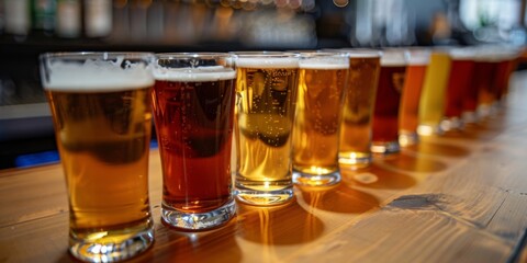 glasses, each containing a different type of beer, are lined up on a wooden bar counter, showcasing a variety of colors and foamy heads.