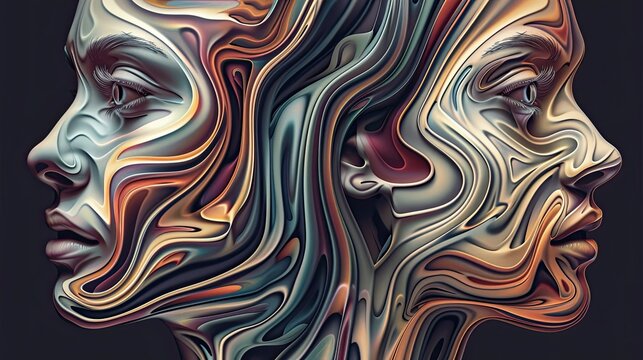 Abstract background dissociative identity disorder, two female faces directed in different directions, awareness of mental health and seeking psychological support 6