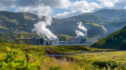 A geothermal power plant nestled within a mountainous region