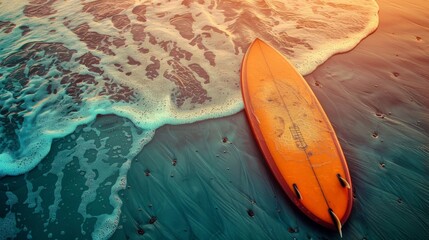 A vibrant surfboard lay on the sandy beach, bathed in sunlight next to the vast ocean waves.