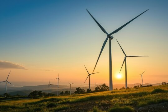 a wind farm against a picturesque sunset, the beauty of clean energy sources.