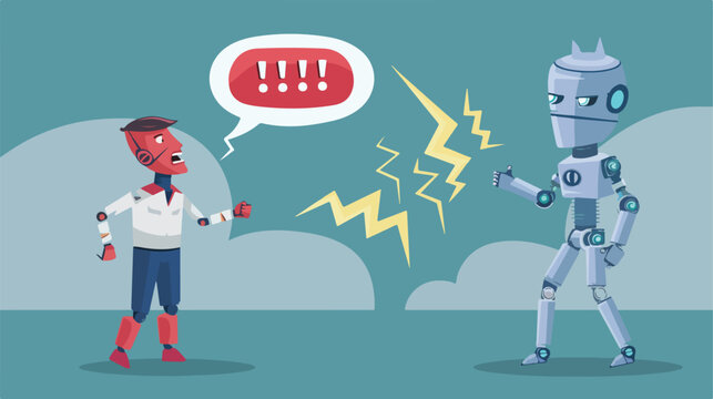 Quarrel and fight between man and robot exclamation 