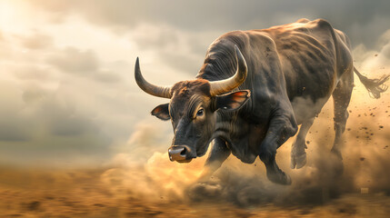 A buffalo or bull running fast in the field with dusk effect