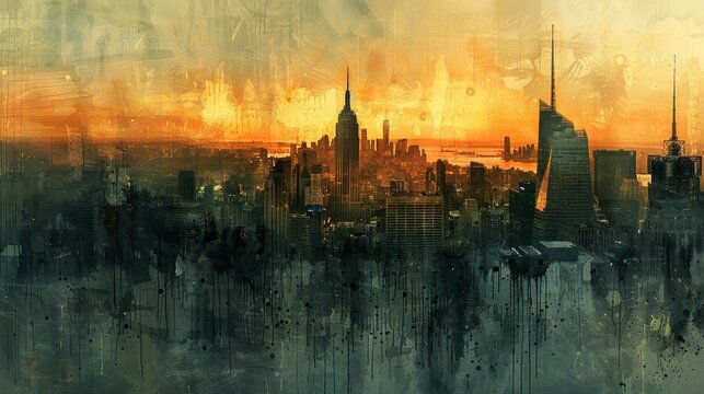 An abstract digital artwork merging a cityscape with expressive brush strokes and a vibrant sunset palette.