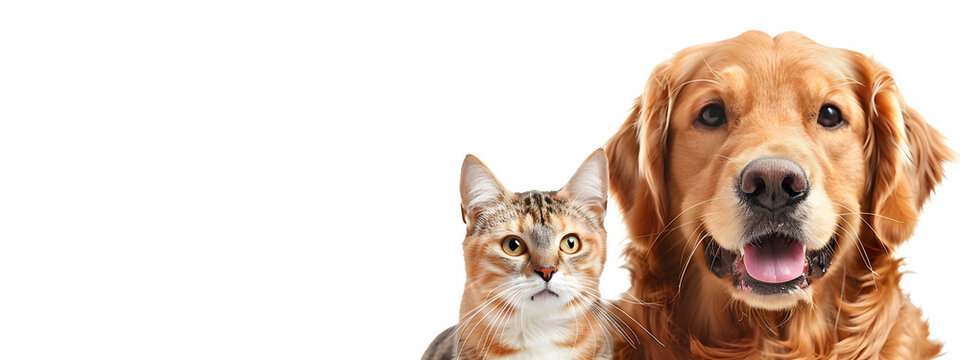 Close-up portrait of a friendly golden retriever dog and cat isolated on a white background