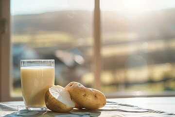 Alternative vegan potato milk with raw potatoes on a window sill overlooking a blurred rural...
