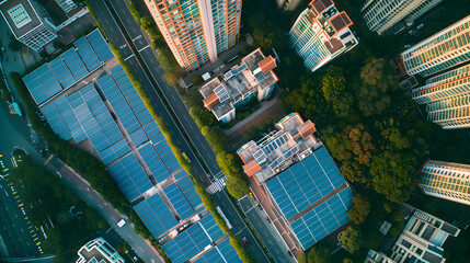 A solar power plant integrated into an urban environment, with solar panels installed on rooftops and along highways - obrazy, fototapety, plakaty