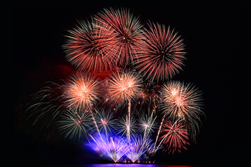 colourful firework display set for celebration happy new year and merry christmas and  fireworks on black background - 750727293