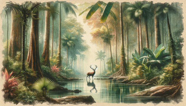 Landscape Forest wallpaper with tropical leaves And Deer . Hand Drawn Design. Luxury Wall Mural , wall art  , old vintage drawing , Watercolor 
