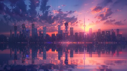 Serene twilight descends on a cityscape, with the skyline's lights reflected perfectly on the calm waterfront below. - obrazy, fototapety, plakaty