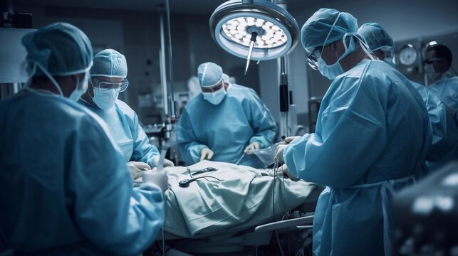 Diverse surgeons wearing surgical gowns operating on patient in operating theatre at hospital - Powered by Adobe