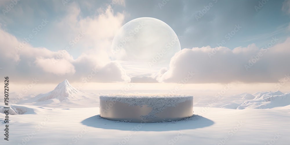 Poster on a wintry day, a stark white podium stands against the backdrop of a peaceful sky, with a round ob