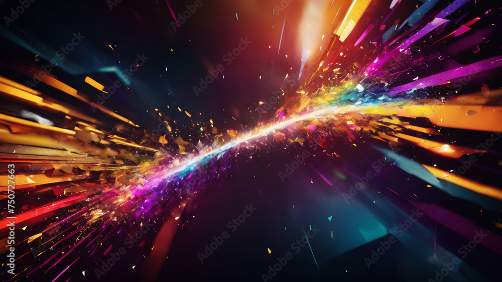 Poster experience an explosion of abstract shapes and colors forming a dynamic rainbow burst. geometric pat