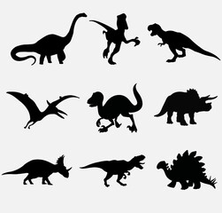 Set silhouettes of dinosaurs. Vector illustration group of black dinosaur silhouette icons isolated on white. Logo side view