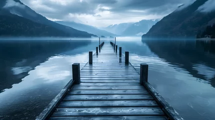 Fotobehang A peaceful summer landscape with a long wooden pier jutting out into calm blue lake water under a cloudy sky © Alice a.