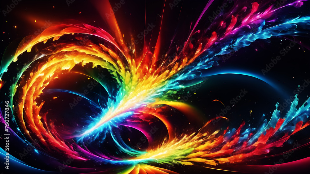Poster experience an explosion of abstract shapes and colors forming a dynamic rainbow burst. geometric pat