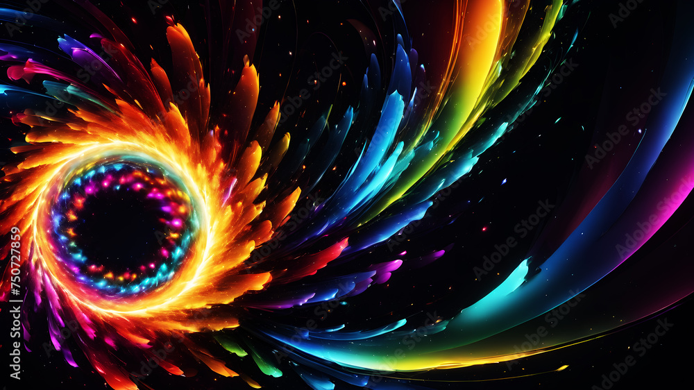 Poster experience an explosion of abstract shapes and colors forming a dynamic rainbow burst. geometric pat