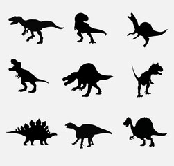 Fototapeta premium Set silhouettes of dinosaurs. Vector illustration group of black dinosaur silhouette icons isolated on white. Logo side view