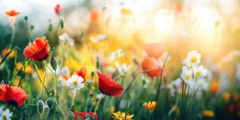 Fototapeta premium Beautiful meadow with red poppy flowers in the sunlight