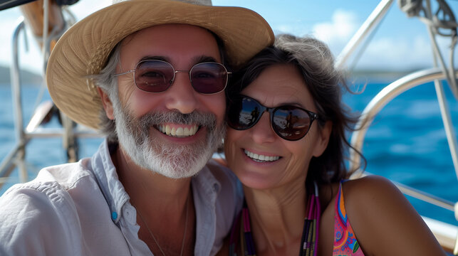 Beautiful elderly couple sitting on a background of palm trees - Powered by Adobe