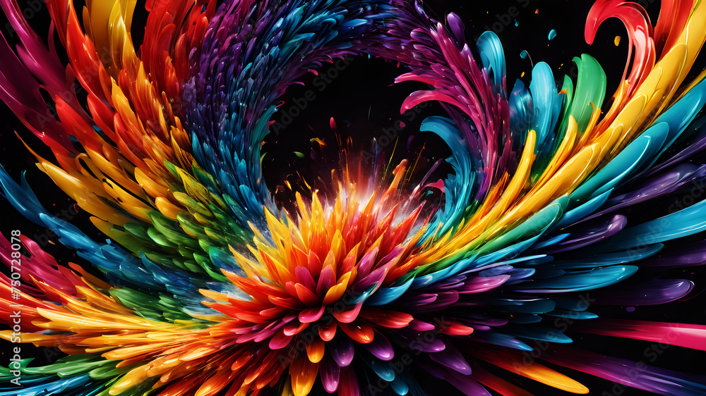 Poster experience an explosion of abstract shapes and colors forming a dynamic rainbow burst. geometric pat