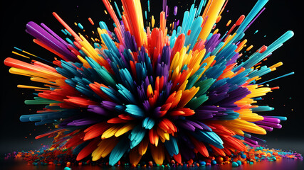 Experience an explosion of abstract shapes and colors forming a dynamic rainbow burst. Geometric patterns intertwine in a visually stunning display of creativity
