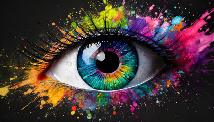 a colorful eye with paint splatters on the black background