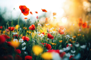 Beautiful meadow with red poppy flowers in the sunlight