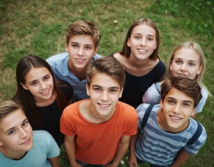 A group of young people are smiling and posing for a picture. Scene is happy and friendly