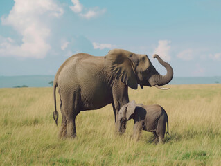 Naklejka na ściany i meble A baby elephant stays close to its protective mother in the vast African savannah, symbolizing family bonds