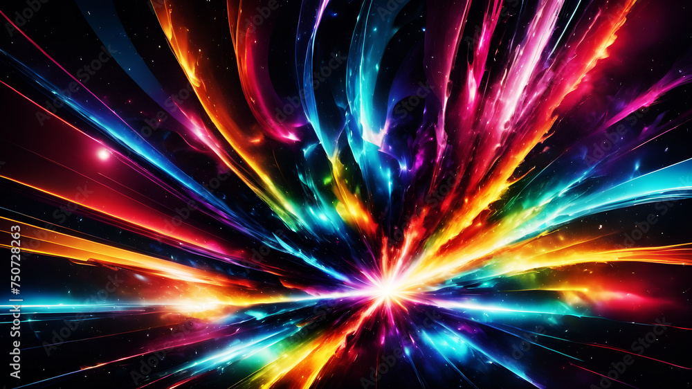 Poster experience an explosion of abstract shapes and colors forming a dynamic rainbow burst. geometric pat
