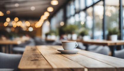 Modern empty table with a coffee on interior background of cafe area in coworking building with tables and chairs blurred bokeh. for product display assembly