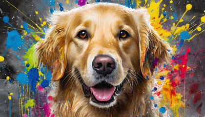 painting of a golden retriever dog face with colorful paint splatters