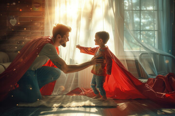 Father and son dressed as superheroes standing illuminated by sunlight in front of window, ready for action