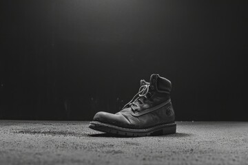 hard work on Labor Day by photographing a solitary work boot against a stark, monochromatic background. - obrazy, fototapety, plakaty