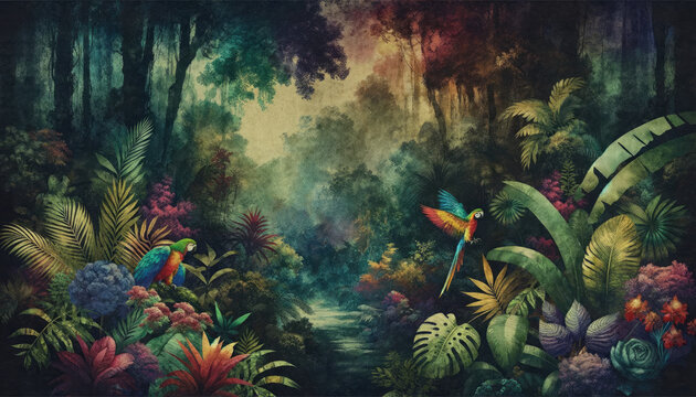 Wallpaper of tropical leaves in Lush Tropical Rainforest , old vintage drawing , landscape , Wall art , birds , Jungle , parrot , Macaws