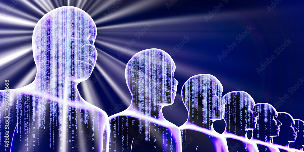 Poster geometrical men faces with binary code and rays of light - 3d illustration