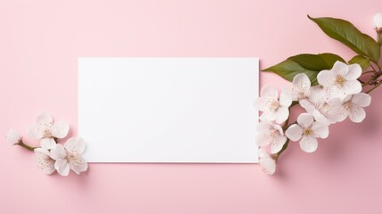 Fototapeta na wymiar Blank Card With White Flowers on Pink Background