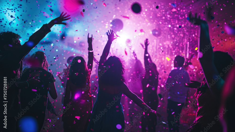 Poster dynamic scene of people dancing and celebrating at a party or club with confetti in the air and colo