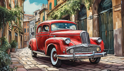 red old vintage car in a italy street